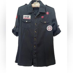 Vintage Early Aughts Heatherette Military Style Shirt, Black, Size Medium